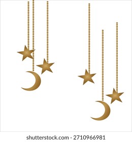 VECTOR COLGANDO LUNA Y ESTRELLA DE ORO, PARA LA DECORACIÓN DEL MARCO, OBJETO DE DISEÑO PLANO COLGANDO