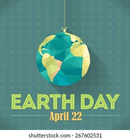 Vector Hanging Low Poly Symbol World, April 22 Earth Day Lettering and World Map 