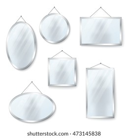 Vector hanging mirrors square round and oval isolated on white background illustration