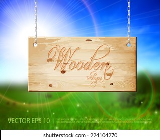 Vector hanging natural light brown wooden sign with beautiful nature background