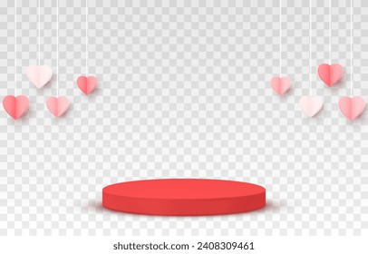 Vector hanging paper hearts png. Paper confetti. Podium png. Podium for products, pedestal for advertising. Valentine's Day, March 8, Mother's Day.