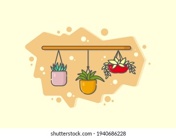 Vector hanging plant with brown decoration on beige background. plant vector. home decoration. cartoon flat. vector stock illustration. can be used for wallpaper, background, and invitation cards