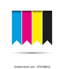 Vector hanging ribbons in cmyk colors with shadows isolated on white background