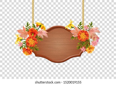 Vector hanging sign with floral bouquet. Wooden singboard hanging on ropes with autumn flowers and leaves