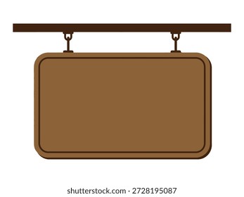 Ícone de tabuleiro suspenso vetorial com painel de madeira marrom e quadro retangular suspenso por correntes de uma barra. Ilustração vetorial limpa para loja, loja, café, direção e conceitos de sinalização.