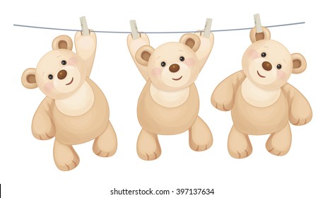 Vector hanging  teddy bears on clothing line with pegs.