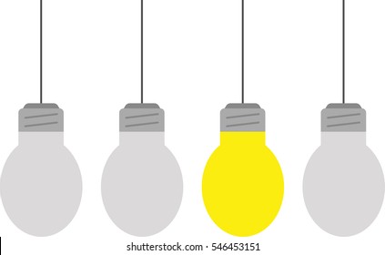 Vector hanging three grey, one yellow light bulbs.
