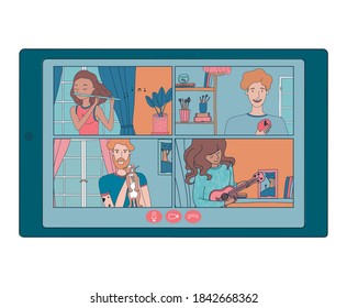 Vector hangout online with family on the tablet. Playing music and eating healthy food with friends.