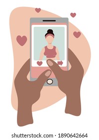 
vector hans drawn illustration. hands hold smartphone with dating app. on the screen a photo of the girl. online dating. picture for sites, magazines, applications. trend flat illustration