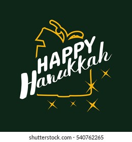 Vector Hanukkah background with lettering and symbol on green. Elegant greeting card. Celebration text design logo, typography. Usable as banner, greeting card, gift package etc.