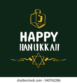 Vector Hanukkah background with lettering and symbol on green. Elegant greeting card. Celebration text design logo, typography. Usable as banner, greeting card, gift package etc.