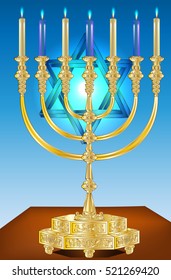 Vector Hanukkah background: menorah with burning candles and david star. Shining star on the back. Happy Hanukkah background. Holiday greeting card.