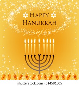 Vector Hanukkah background with menorah and david star. Shining stars and snowballs on the back. Happy Hanukkah background. Elegant greeting card. happy Hanukkah