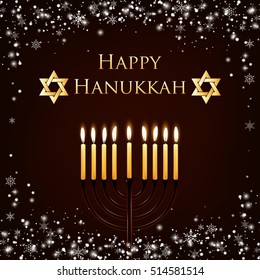 Vector Hanukkah background with menorah and david star. Shining stars and snowballs on the back. Happy Hanukkah background. Elegant greeting card. happy Hanukkah
