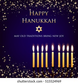 Vector Hanukkah background with menorah and david star. Shining stars and snowballs on the back. Happy Hanukkah background. Elegant greeting card