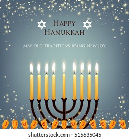 Vector Hanukkah background with menorah and david star. Shining stars and snowballs on the back. Happy Hanukkah background. Elegant greeting card happy Hanukkah