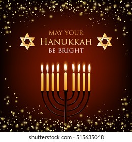 Vector Hanukkah background with menorah and david star. Shining stars and snowballs on the back. Happy Hanukkah background. Elegant greeting card happy Hanukkah