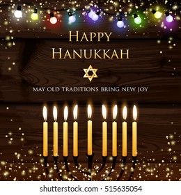 Vector Hanukkah background with menorah and david star. Shining stars and snowballs on the back. Happy Hanukkah background. Elegant greeting card happy Hanukkah