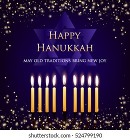 Vector Hanukkah background with menorah and david star. Shining stars and snowballs on the back. Happy Hanukkah background. Elegant greeting card.