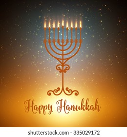 Vector Hanukkah background with menorah. Shining stars and sun on the back. Happy Hanukkah background. Elegant greeting card.