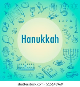 
Vector Hanukkah card on a blue background. The composition of the traditional Hanukkah symbols and attributes.
