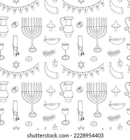 Vector Hanukkah design elements seamless pattern. Doodle traditional festival of lights pattern on white background