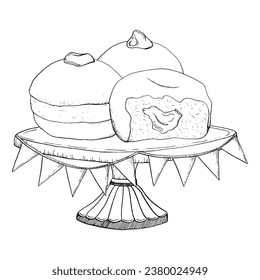 Vector Hanukkah donuts on cake stand with festive holiday party flags black and white illustration for greeting card. Jewish traditional dessert