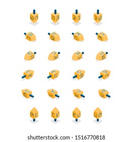 Vector Hanukkah Dreidel All Sides Isometric 3d Elements Set. Jewish Holiday Dreidel Game Every Side Objects. Spinning Top Toy Top, Left,right,upside Down View Isolated.