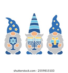 Vector Hanukkah gnomes design with menorah. Cute Jewish holiday illustration for prints, invitations, greeting cards, banners, posters. Template for plotter cutting