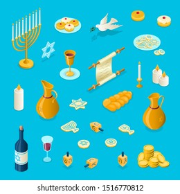 Vector Hanukkah isometric 3d elements set. Jewish holiday 3 dimensional objects illustration. Menorah, dove, dreidel, glass, jug, candles, doughnuts, golden coins, challah, star of David symbols.