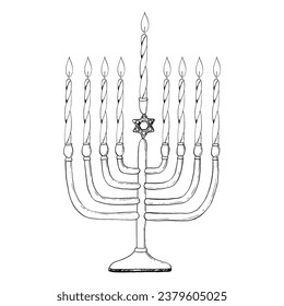 Vector Hanukkah menorah with candles black and white illustration for greeting cards and designs, Jewish traditional winter holiday, hand drawn hanukkiah