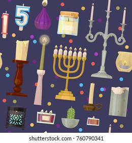 Vector hanukkah menorah candles candlelight flame decorative wax candlestick set cartoon christmas or jewish hanukah holiday decoration seamless pattern background