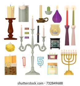 Vector hanukkah menorah candles decorative wax candlestick set cartoon candlelight flame christmas or jewish hanukah holiday decoration illustration.