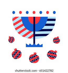 Vector Hanukkah Menorah and pomegranates icons, isolated on white. Judaism religion symbols. Jewish holidays background for greeting card design template. Abstract modern art, flat style.