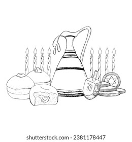 Vector Hanukkah miracle horizontal banner black and white illustration with jug of olive oil, candles, dreidel, traditional sufganiyot donuts and gold coins