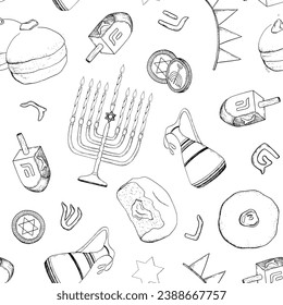 Vector Hanukkah seamless pattern with Jewish holiday traditional symbols, Hebrew letters and bakery. Sufganiyot, dreidel, menorah in black and white