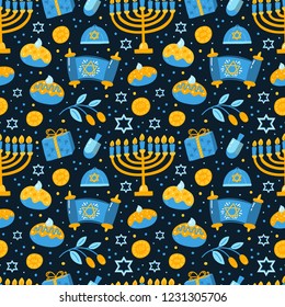 Vector Hanukkah seamless pattern with menorah, candles,  cupcake, gifts, candles, dreidel, confetti, coins and Jewish star. Jewish holiday symbols