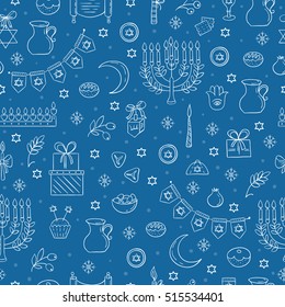 Vector Hanukkah seamless pattern with menorah, candles, donuts, garland, bow, cupcake, gifts, candles, dreidel, confetti, coins, oil, sufganiyah, snowflakes and Jewish star. Jewish holiday symbols