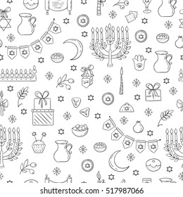 Vector Hanukkah seamless pattern with menorah, candles, donuts, garland, bow, cupcake, gifts, candles, dreidel, confetti, coins, oil, sufganiyah, snowflakes and Jewish star. Jewish holiday symbols