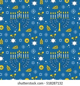Vector Hanukkah seamless pattern with menorah, candles, donuts, garland, bow, cupcake, gifts, candles, dreidel, confetti, coins, oil, sufganiyah, snowflakes and Jewish star. Jewish holiday symbols