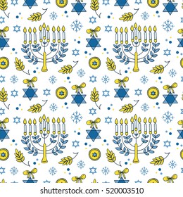 Vector Hanukkah seamless pattern with menorah, candles, donuts, garland, bow, cupcake, gifts, candles, dreidel, confetti, coins, oil, sufganiyah, snowflakes and Jewish star. Jewish holiday symbols