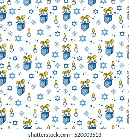 Vector Hanukkah seamless pattern with menorah, candles, donuts, garland, bow, cupcake, gifts, candles, dreidel, confetti, coins, oil, sufganiyah, snowflakes and Jewish star. Jewish holiday symbols