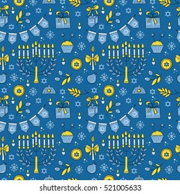 Vector Hanukkah seamless pattern with menorah, candles, donuts, garland, bow, cupcake, gifts, candles, dreidel, confetti, coins, oil, sufganiyah, snowflakes and Jewish star. Jewish holiday symbols