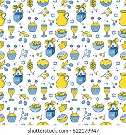 Vector Hanukkah seamless pattern with menorah, candles, donuts, garland, bow, cupcake, gifts, candles, dreidel, confetti, coins, oil, sufganiyah, snowflakes and Jewish star. Jewish holiday symbols