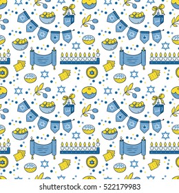 Vector Hanukkah seamless pattern with menorah, candles, donuts, garland, bow, cupcake, gifts, candles, dreidel, confetti, coins, oil, sufganiyah, snowflakes and Jewish star. Jewish holiday symbols