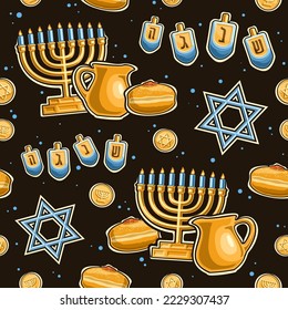 Vector Hanukkah seamless pattern, repeat background with illustrations of gold candle holder, 4 dreidels, sweet sufganiyah, blue star of David on black background, wrapping paper for hanukkah holiday