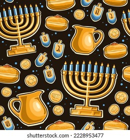 Vector Hanukkah seamless pattern, repeating background with illustrations of candle holder, 4 dreidel, sweet sufganiyot and gelt with star of David on black background, wrapping paper for hanukkah