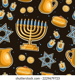 Vector Hanukkah seamless pattern, repeating background with illustrations of golden candle holder, four dreidels and sweet hanukkah sufganiyah on black background, wrapping paper for hanukkah holiday