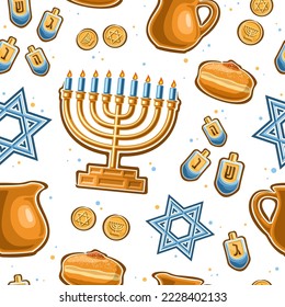 Vector Hanukkah seamless pattern, square repeating background with illustrations of golden candle holder, 4 dreidels, sweet hanukkah sufganiyot on white background, wrapping paper for hanukkah holiday