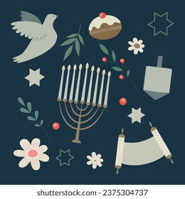 Vector Hanukkah set. Menorah, torah, star of David, dove, flowers, branches, dreidel. Elements for greeting card, poster, patterns.
